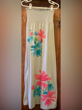Floral Strapless Maxi Dress in grey with Pink & Teal Blooms